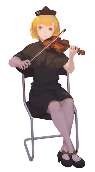 Anime picture 650x1174 with touhou lunasa prismriver jq single tall image looking at viewer fringe short hair blonde hair simple background smile white background sitting holding yellow eyes full body playing instrument music girl skirt