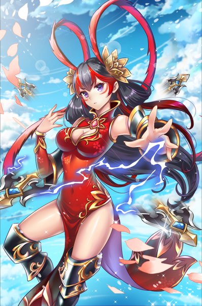 Anime picture 2128x3212 with original guozi li single long hair tall image looking at viewer fringe highres breasts black hair purple eyes sky cleavage cloud (clouds) red hair traditional clothes multicolored hair two-tone hair streaked hair chinese clothes