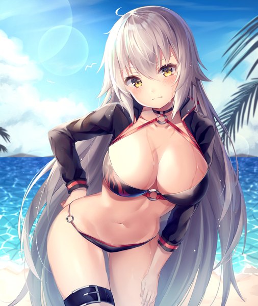 Anime picture 1008x1196 with fate (series) fate/grand order jeanne d'arc (fate) (all) jeanne d'arc alter (fate) jeanne d'arc alter (swimsuit berserker) (fate) hinaki (hinaki 0102) single long hair tall image looking at viewer blush fringe breasts light erotic hair between eyes large breasts standing yellow eyes payot sky