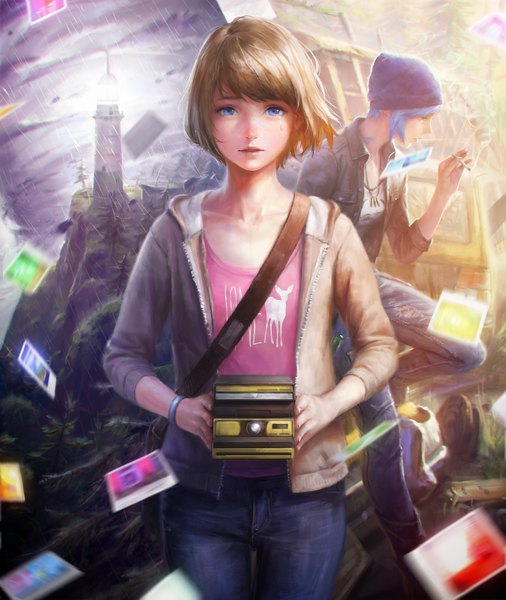 Anime picture 1618x1920 with life is strange chloe price max caulfield arata yokoyama tall image looking at viewer fringe short hair brown hair standing multiple girls holding blue hair looking away cloud (clouds) bent knee (knees) parted lips profile fingernails light smile