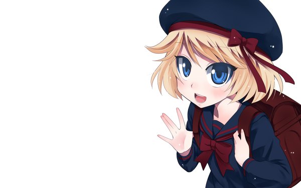 Anime picture 4000x2500 with cardfight!! vanguard sendou emi single highres short hair open mouth blue eyes simple background blonde hair wide image white background absurdres girl bowtie backpack randoseru