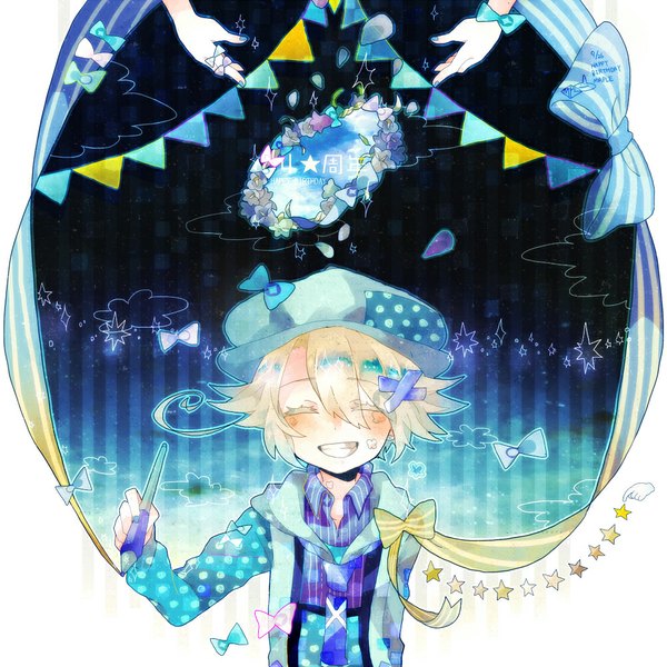 Anime picture 1000x1000 with original maple (cyakapon) short hair blonde hair hair between eyes signed eyes closed nail polish striped polka dot striped background girl boy hair ornament bow hairclip star (symbol) cap wreath hands