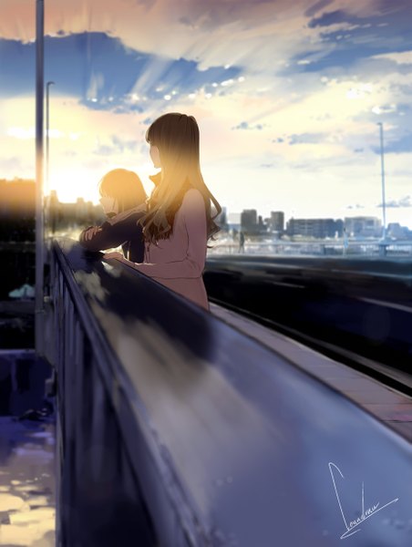Anime picture 930x1233 with kiokuya loundraw long hair tall image fringe brown hair standing multiple girls signed looking away sky cloud (clouds) outdoors profile sunlight blurry city evening sunset cityscape