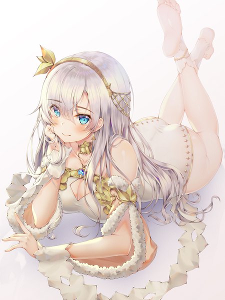 Anime picture 1125x1500 with fate (series) fate/grand order anastasia (fate) mellozzo single long hair tall image looking at viewer blush fringe breasts blue eyes light erotic simple background smile hair between eyes white background cleavage silver hair full body