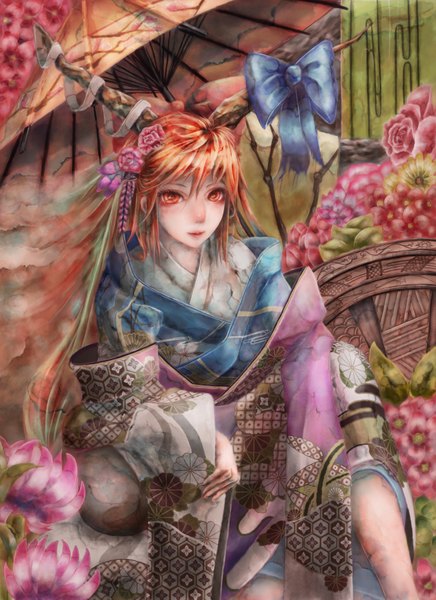 Anime picture 2550x3510 with touhou ibuki suika hogecomhoge single long hair tall image highres red eyes red hair traditional clothes japanese clothes horn (horns) girl flower (flowers) bow kimono umbrella