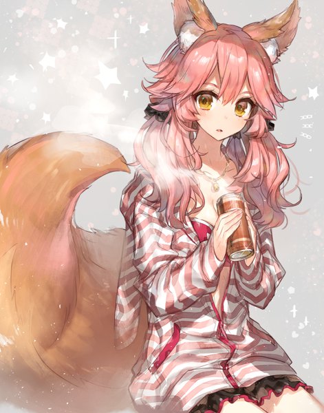 Anime picture 711x905 with fate (series) fate/extra tamamo (fate) (all) tamamo no mae (fate) chocoan single long hair tall image blush light erotic simple background twintails holding animal ears yellow eyes pink hair cleavage tail parted lips animal tail