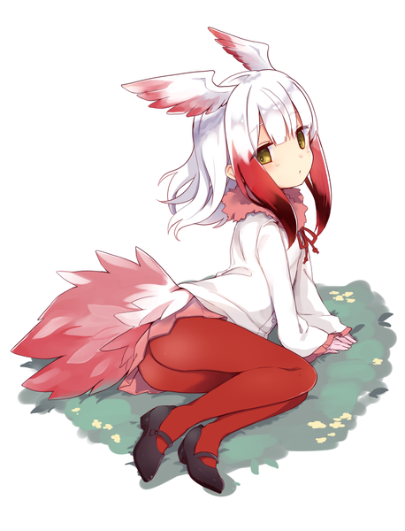 Anime picture 726x952 with kemono friends crested ibis (kemono friends) kedama milk single tall image fringe light erotic simple background red eyes white background yellow eyes payot full body ass white hair multicolored hair two-tone hair streaked hair head wings girl