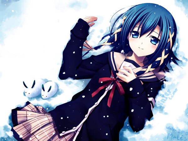 Anime picture 1600x1200 with signal heart goutokuji akira zinno short hair blue eyes blue hair lying on back snowing winter snow girl skirt ribbon (ribbons) hair ribbon serafuku snow rabbit