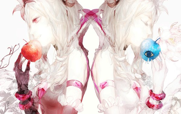 Аниме картинка 1485x937 с прикюа новое хорошенькое лекарство! toei animation higashi setsuna eas juexing (moemoe3345) длинные волосы красные глаза голые плечи белые волосы закрытые глаза профиль dual persona девушка платье цветок (цветы) браслет яблоко