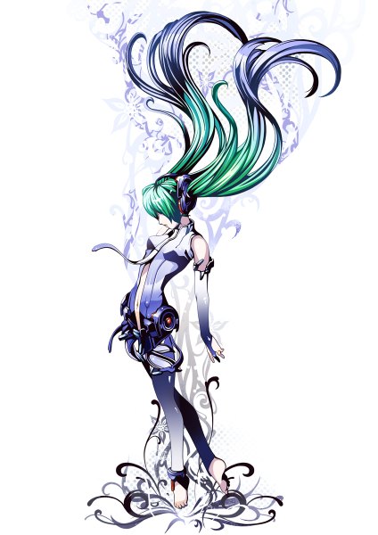 Anime picture 848x1200 with vocaloid vocaloid append hatsune miku hatsune miku (append) torigoe takumi single long hair tall image simple background white background twintails multicolored hair green hair two-tone hair girl navel hair ornament detached sleeves necktie