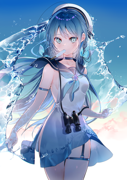 Anime picture 1071x1514 with original miwano rag single long hair tall image looking at viewer blush fringe simple background standing holding blue hair aqua eyes sleeveless mouth hold side slit sailor collar food in mouth girl dress