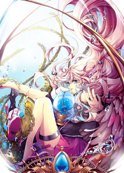 Anime picture 900x1259 with vocaloid ia (vocaloid) domco single long hair tall image blue eyes pink hair underwater girl dress skirt wings bubble (bubbles) pink skirt algae