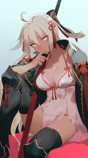 Anime picture 717x1290 with fate (series) fate/grand order koha-ace okita souji (fate) (all) okita souji alter (fate) salmon88 single long hair tall image looking at viewer blush fringe breasts light erotic simple background hair between eyes large breasts sitting cleavage silver hair