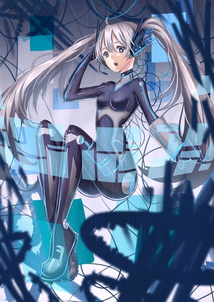 Anime picture 992x1403 with original deer (deer423-81) single long hair tall image fringe breasts open mouth blue eyes twintails looking away bent knee (knees) grey hair girl bodysuit microphone cable