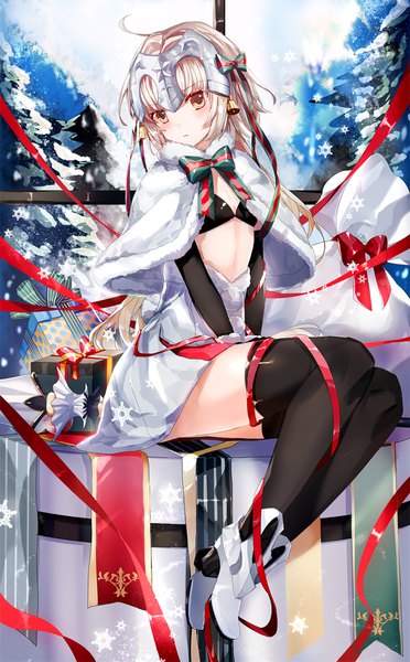 Anime picture 1000x1610 with fate (series) fate/grand order jeanne d'arc (fate) (all) jeanne d'arc alter santa lily (fate) mamenomoto single long hair tall image looking at viewer blush light erotic blonde hair sitting yellow eyes payot cleavage ahoge bent knee (knees) head tilt high heels