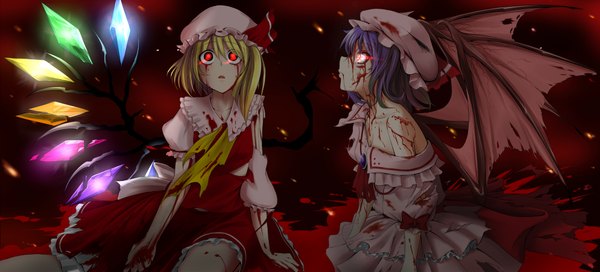 Anime picture 2000x908 with touhou flandre scarlet remilia scarlet takebi highres short hair blonde hair red eyes wide image multiple girls blue hair bat wings girl dress bow 2 girls wings blood bonnet