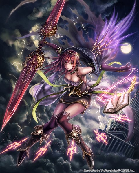 Anime picture 1280x1600 with shinma x keishou! ragnabreak original anbe yoshirou single long hair tall image bare shoulders brown eyes sky cloud (clouds) red hair night girl thighhighs dress gloves hair ornament weapon black thighhighs sword