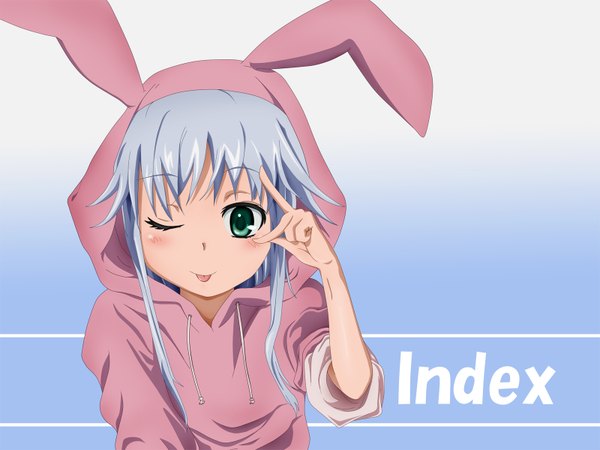 Anime picture 1600x1200 with to aru majutsu no index j.c. staff index single simple background green eyes blue hair one eye closed wink loli bunny ears girl hood pajamas