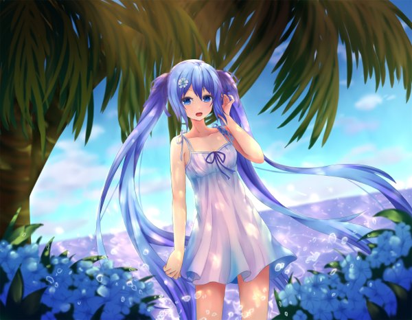 Anime picture 2500x1944 with vocaloid hatsune miku wr (929481795) single looking at viewer highres open mouth blue eyes smile standing twintails blue hair sky cloud (clouds) very long hair hair flower wind sleeveless adjusting hair horizon