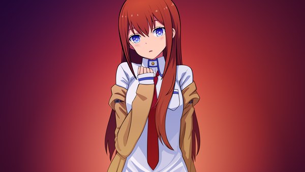 Anime picture 3840x2160 with steins;gate white fox makise kurisu assassinwarrior yahiro (epicopeiidae) single long hair looking at viewer fringe highres open mouth blue eyes simple background wide image absurdres red hair wallpaper gradient background hand on chest red background