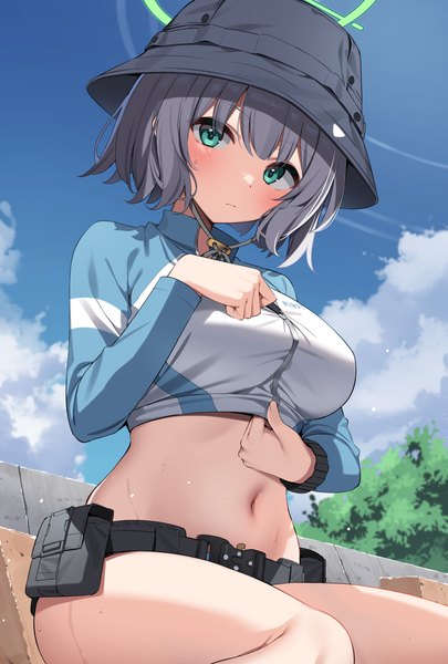 Anime picture 2732x4052 with blue archive saki (blue archive) saki (swimsuit) (blue archive) suiroh (shideoukami) single tall image looking at viewer blush highres short hair light erotic sitting sky cloud (clouds) outdoors aqua eyes grey hair official alternate costume girl navel