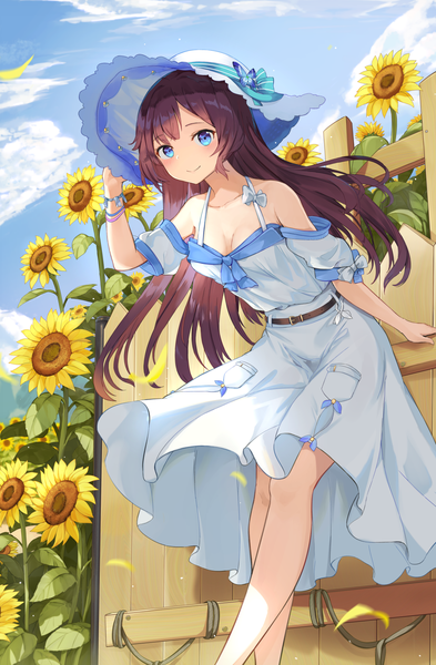 Anime-Bild 1133x1730 mit original mosta (lo1777789) single long hair tall image blush fringe breasts blue eyes smile brown hair standing bare shoulders sky cleavage cloud (clouds) outdoors arm up bare legs short sleeves