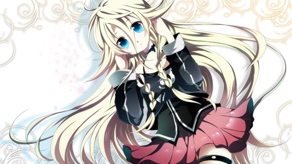 Anime picture 2240x1259 with vocaloid ia (vocaloid) mariwai (marireroy) single long hair looking at viewer highres blue eyes wide image bare shoulders white hair braid (braids) girl skirt miniskirt pink skirt