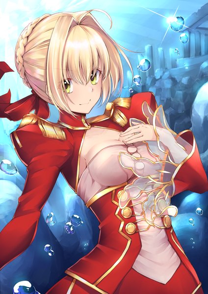Anime picture 2480x3507 with fate (series) fate/extra type-moon nero claudius (fate) (all) nero claudius (fate) hachiroku (hatirokusann86) single long hair tall image looking at viewer fringe highres breasts blonde hair smile green eyes ahoge braid (braids) hand on chest underwater