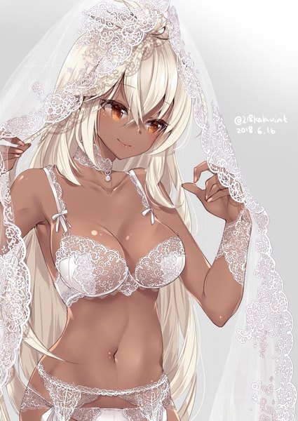 Anime picture 710x1002 with granblue fantasy the order grande 218 single long hair tall image fringe breasts light erotic simple background hair between eyes standing brown eyes signed looking away cleavage white hair grey background underwear only twitter username