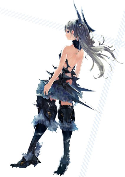 Anime picture 724x1024 with original pump single long hair tall image looking at viewer blue eyes simple background standing white background bare shoulders looking back grey hair girl dress boots fur thigh boots