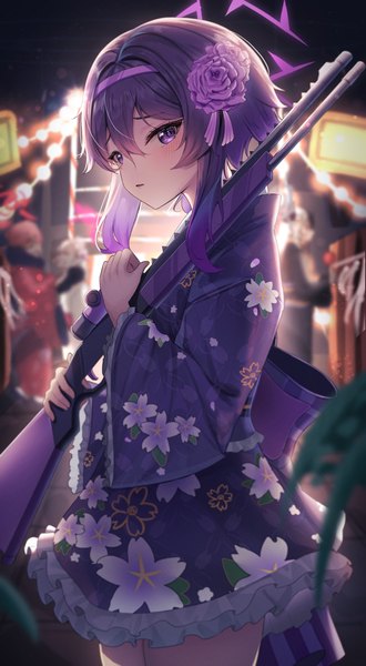 Anime picture 3025x5500 with blue archive haruka (blue archive) haruka (new year) (blue archive) li se tall image looking at viewer blush fringe highres short hair open mouth hair between eyes standing purple eyes holding absurdres purple hair outdoors traditional clothes japanese clothes
