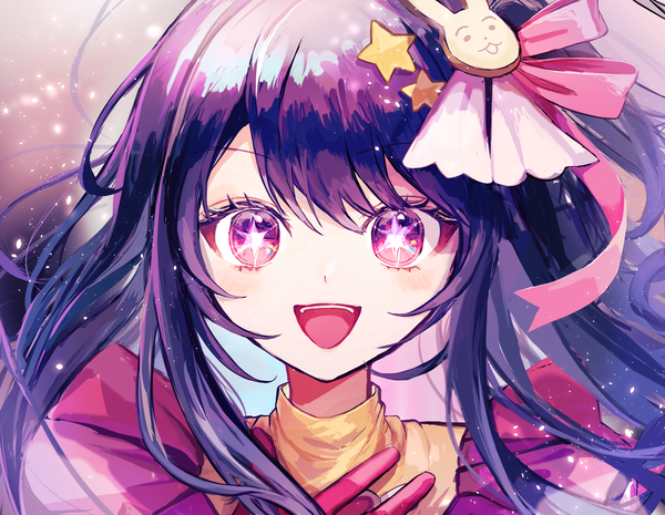 Anime picture 4096x3175 with oshi no ko hoshino ai (oshi no ko) pipi single long hair looking at viewer fringe highres open mouth hair between eyes purple eyes absurdres purple hair upper body :d symbol-shaped pupils girl hair ornament star hair ornament