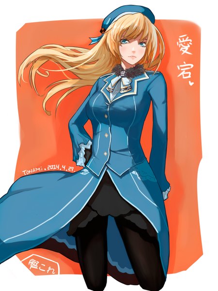 Anime picture 1400x1866 with kantai collection atago heavy cruiser tonami single long hair tall image looking at viewer blush highres breasts blue eyes blonde hair lips hand on hip girl skirt uniform pantyhose beret military uniform