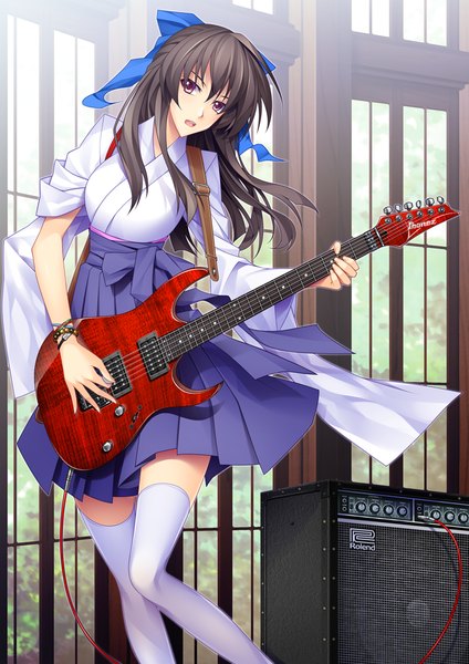 Anime picture 716x1012 with original 440 single long hair tall image looking at viewer open mouth black hair red eyes girl thighhighs dress bow hair bow white thighhighs guitar bass guitar