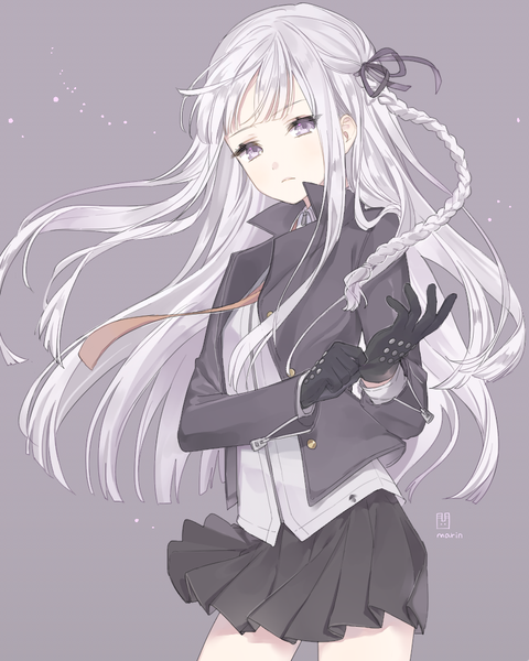 Anime picture 800x1000 with dangan ronpa kirigiri kyouko marin (myuy 3) single long hair tall image fringe simple background purple eyes signed looking away silver hair braid (braids) pleated skirt wind grey background open jacket single braid adjusting gloves girl