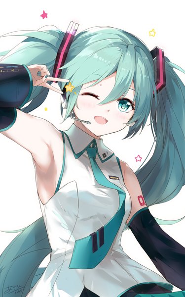 Anime picture 1274x2039 with vocaloid hatsune miku hatsune miku (vocaloid3) asahi kuroi single long hair tall image fringe open mouth simple background hair between eyes white background twintails signed upper body nail polish one eye closed aqua eyes wink aqua hair