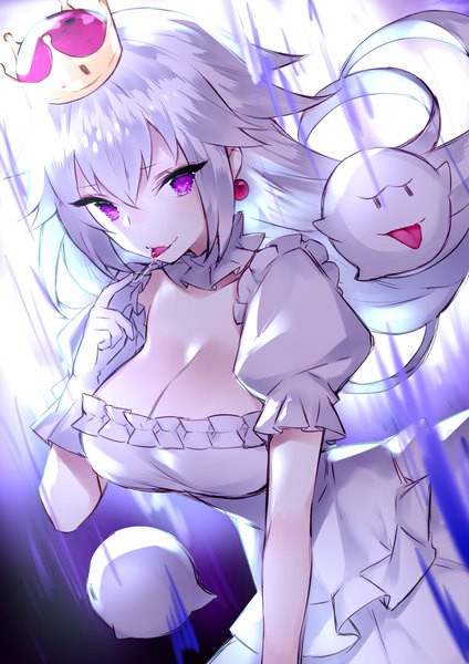 Anime picture 2480x3507 with super mario bros. new super mario bros. u deluxe princess king boo boo (mario) touwa nikuman single long hair tall image looking at viewer fringe highres breasts light erotic hair between eyes large breasts standing purple eyes payot cleavage silver hair