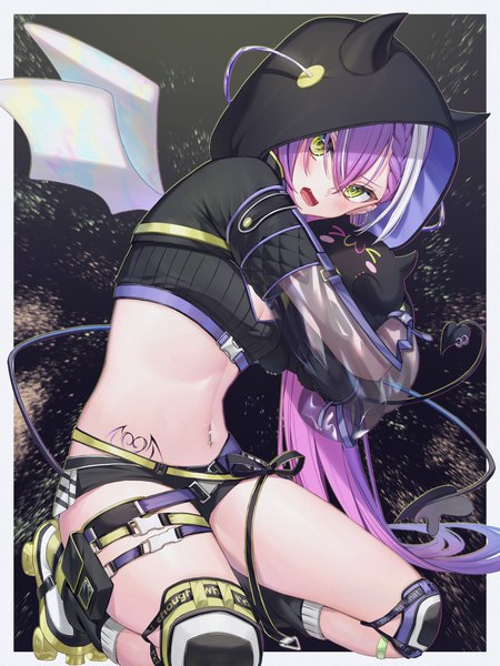 Anime picture 3000x4000 with virtual youtuber hololive tokoyami towa bibi (tokoyami towa) tokoyami towa (5th costume) runlan 0329 single tall image looking at viewer fringe highres open mouth light erotic hair between eyes green eyes purple hair tail very long hair tattoo hug