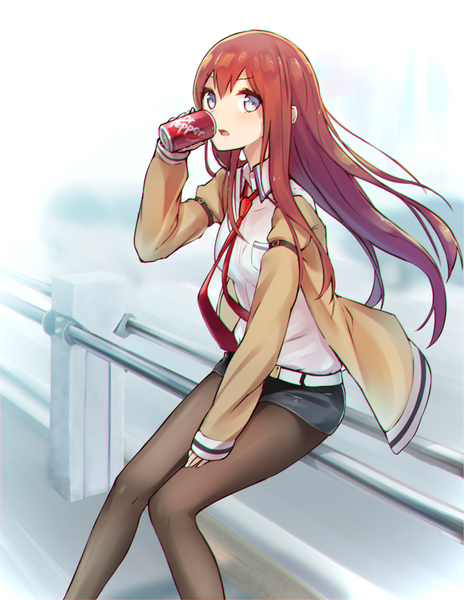 Anime picture 929x1200 with steins;gate white fox dr pepper makise kurisu ninnzinn single long hair tall image looking at viewer fringe open mouth blue eyes brown hair sitting bent knee (knees) wind open clothes open jacket product placement girl