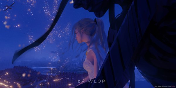 Anime picture 1700x850 with ghost blade yan (ghost blade) ghostblade wlop long hair wide image signed looking away sky ponytail profile wind pointy ears grey hair night copyright name city watermark cityscape scenic