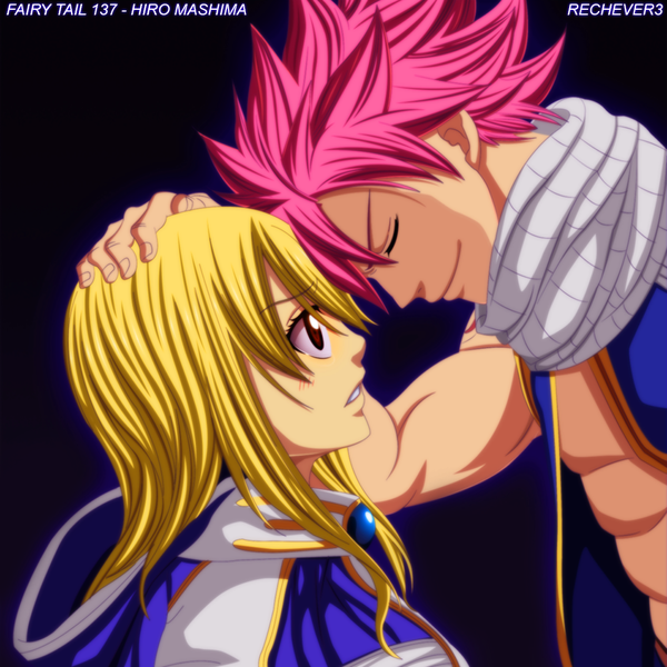 Anime picture 1024x1024 with fairy tail lucy heartfilia natsu dragneel jbeenz long hair short hair blonde hair smile brown eyes pink hair eyes closed profile tattoo sleeveless tears coloring black background muscle girl boy