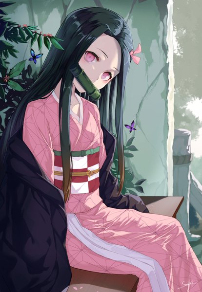 Anime picture 1164x1684 with kimetsu no yaiba ufotable kamado nezuko snozaki single long hair tall image looking at viewer black hair sitting holding signed traditional clothes head tilt japanese clothes pink eyes off shoulder mouth hold girl ribbon (ribbons)
