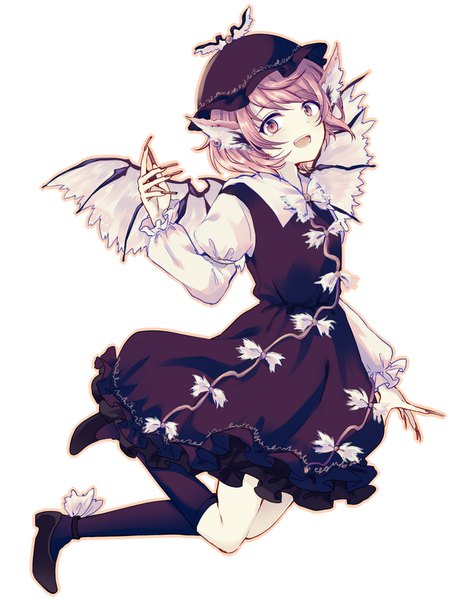 Anime picture 1200x1526 with touhou mystia lorelei uranaishi (miraura) single tall image looking at viewer short hair open mouth simple background white background animal ears pink hair full body pink eyes girl dress hat wings socks black socks