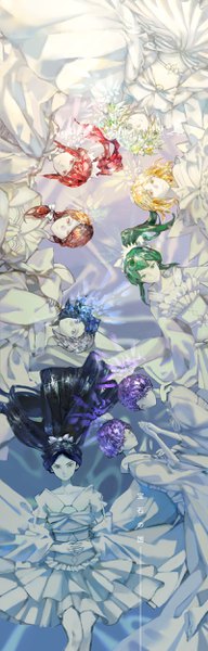 Anime picture 800x2498 with houseki no kuni diamond (houseki no kuni) bort yellow diamond (houseki no kuni) rutile (houseki no kuni) amethyst (houseki no kuni) jade (houseki no kuni) euclase (houseki no kuni) red beryl (houseki no kuni) tin nijigen long hair tall image looking at viewer short hair black hair blonde hair red eyes twintails green eyes payot