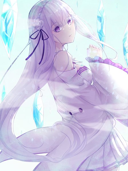 Anime picture 1432x1916 with re:zero kara hajimeru isekai seikatsu white fox emilia (re:zero) yukigumo1224 single long hair tall image looking at viewer fringe breasts simple background large breasts purple eyes cleavage silver hair blunt bangs braid (braids) pleated skirt looking back from behind