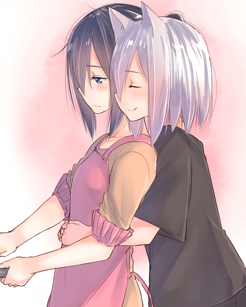 Anime picture 964x1200 with original suzunari shizuku suzunari arare yuki arare tall image blush fringe short hair blue eyes black hair simple background smile multiple girls animal ears white hair eyes closed profile embarrassed hug fox ears