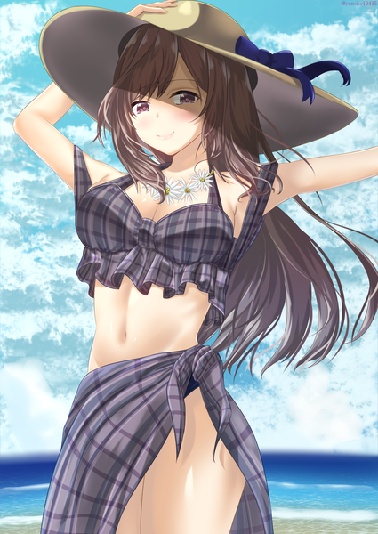 Anime picture 2150x3035 with idolmaster idolmaster shiny colors tsukioka kogane yano megumi single long hair tall image looking at viewer blush fringe highres breasts light erotic smile hair between eyes brown hair standing brown eyes signed sky