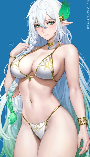 Anime picture 1719x3000 with genshin impact rukkhadevata (genshin impact) sciamano240 single long hair tall image looking at viewer blush fringe highres breasts light erotic simple background smile hair between eyes large breasts standing green eyes signed cleavage