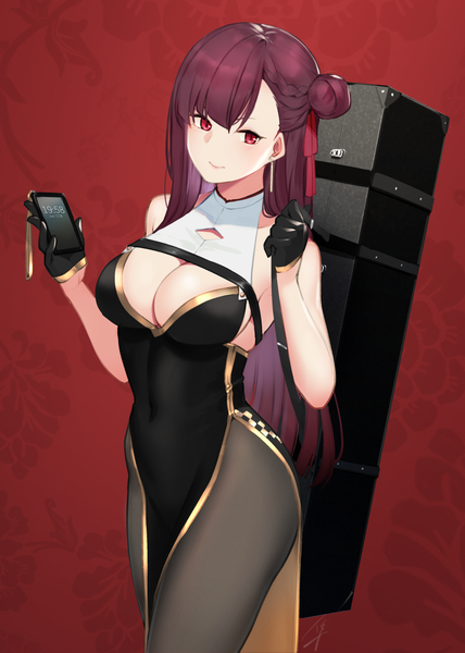 Anime picture 2381x3340 with girls frontline wa2000 (girls frontline) hayabusa single long hair tall image looking at viewer fringe highres breasts light erotic simple background smile red eyes large breasts standing bare shoulders holding signed cleavage