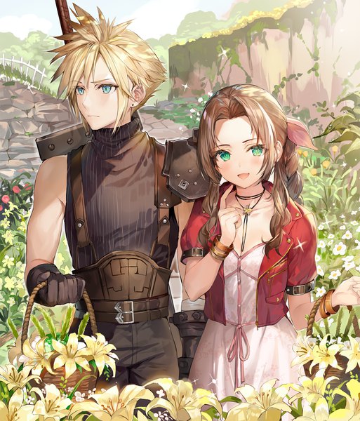 Anime picture 1500x1754 with final fantasy final fantasy vii final fantasy vii remake square enix aerith gainsborough cloud strife momoko (momopoco) long hair tall image blush fringe short hair open mouth blue eyes blonde hair smile hair between eyes brown hair standing holding